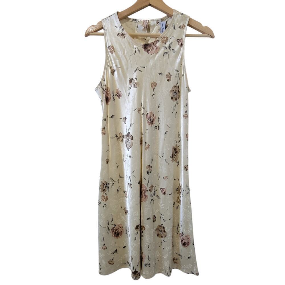 Vintage Floral 80's Satin Slip Dress Rose Floral Pattern Cream Color